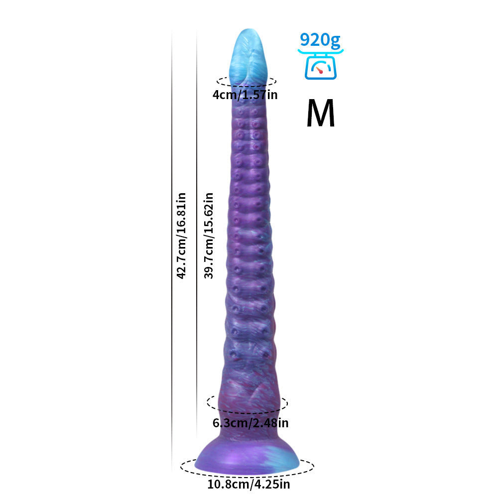 LONG DILDO ANAL GLOW IN THE DARK SILICONE 21 INCH VIOLET TAPEAED BEADED